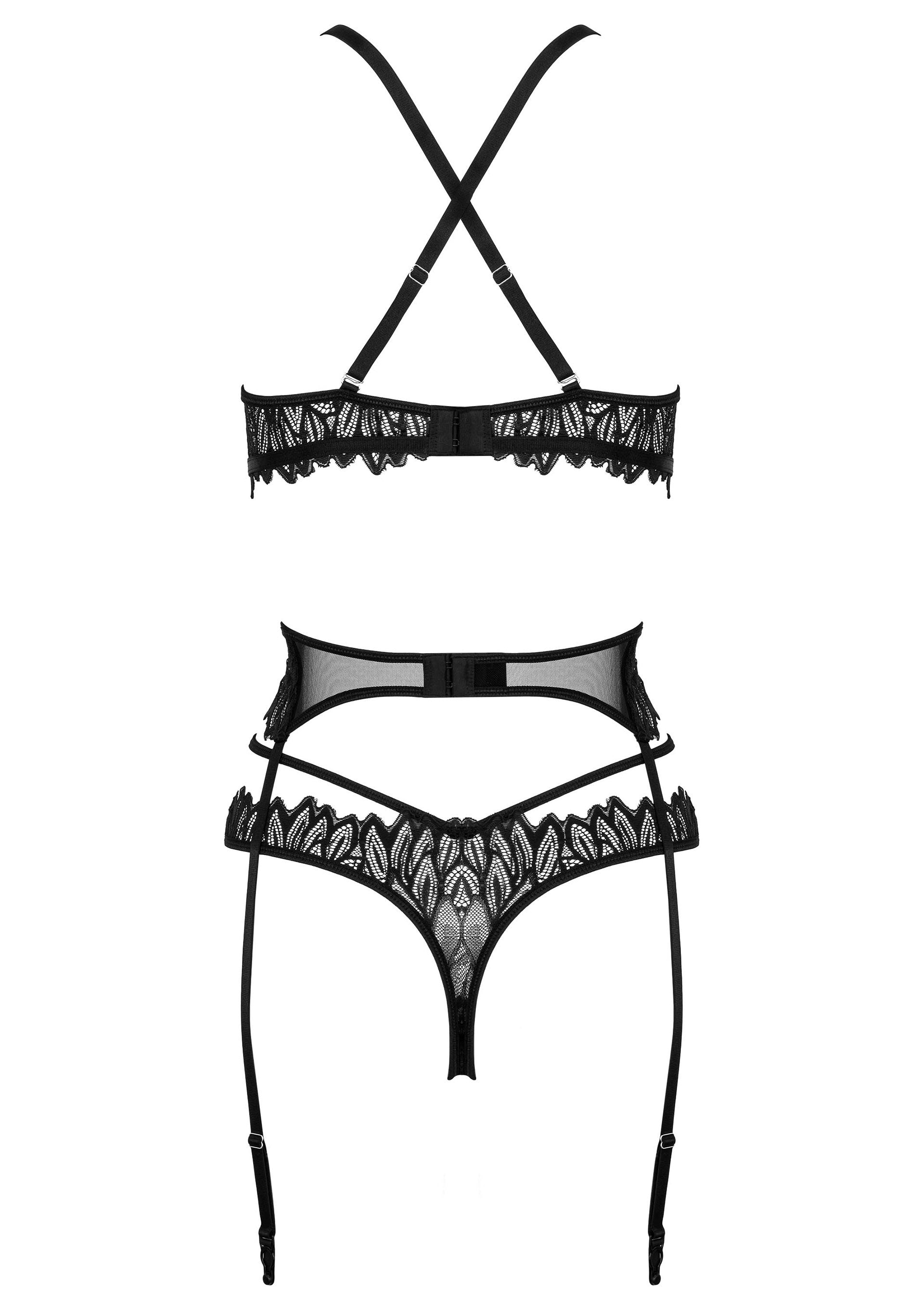 3-delige lingerieset met bladborduursel & jarretellegordel